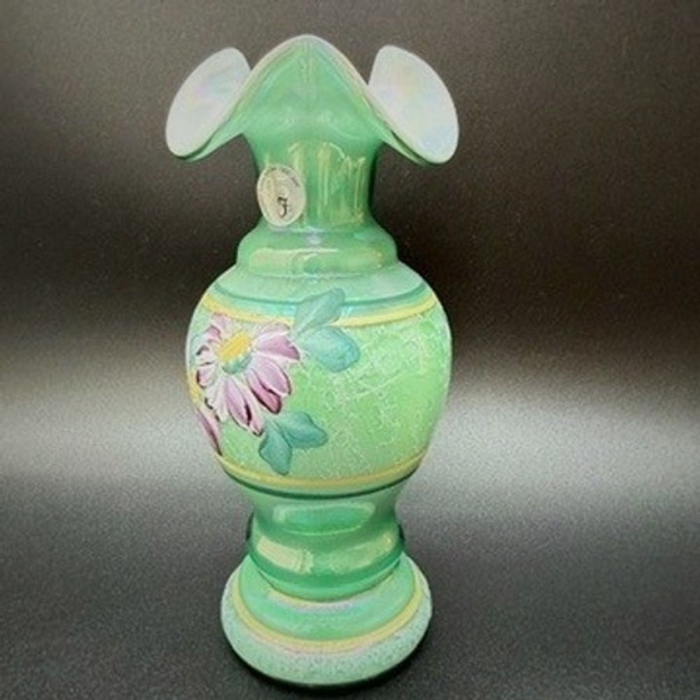 Fenton Mint Green Vase Limited Edition 2000 Overlay Iridized Hand Painted Signed